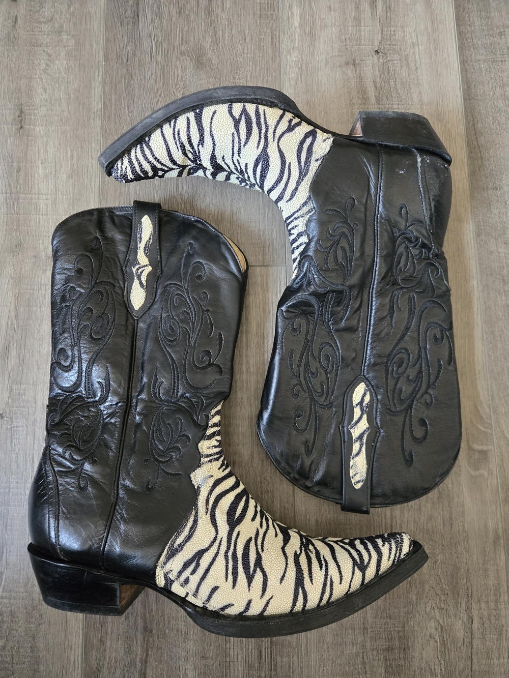 African Black Leathe Boots with Zebra Print Toe